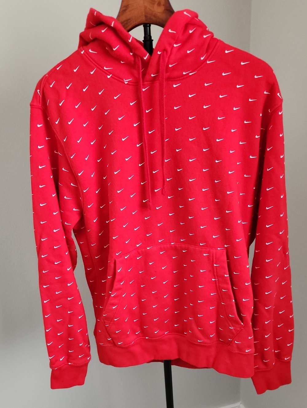 Bright Red Nike Pullover Hoodie With All-Over White Swoosh Pattern Men's M